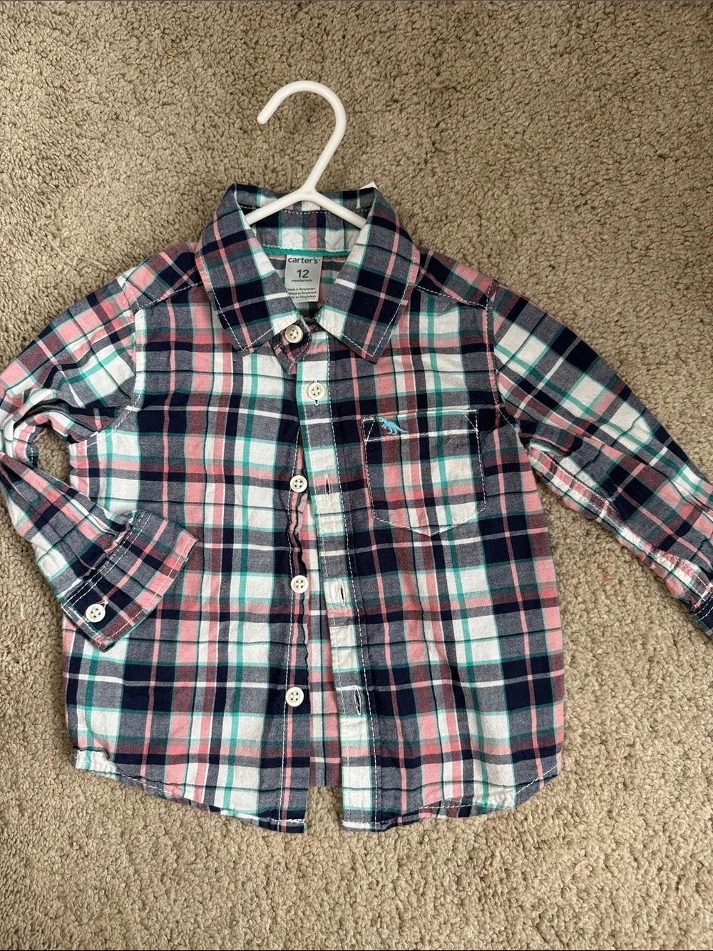 👶 5/$10!! 12MO Carter's Pink & Navy Plaid Button-Up Shirt - Kids